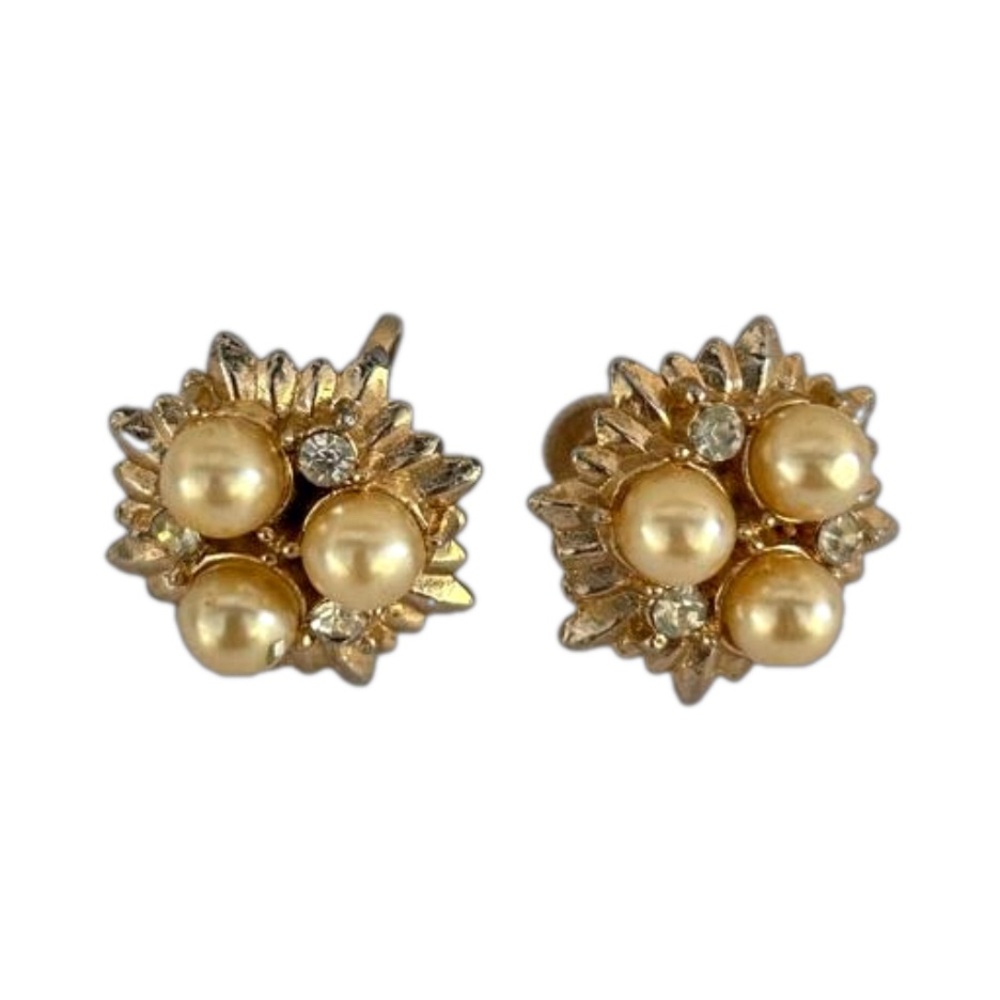 Vtg Earrings Screw-back Imitation Pearl Rhinestones Gold Tone Star Burst…